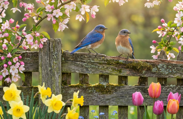 Two bluebirds perched on a weathered wooden fence amidst blooming spring flowers and blossoms.