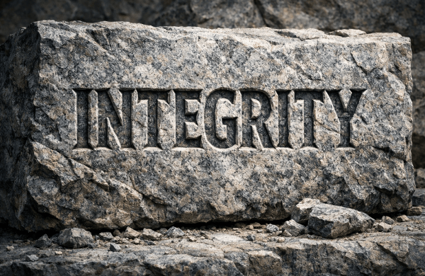 Granite stone block with the word INTEGRITY deeply carved into its surface