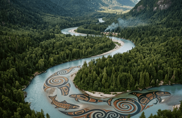 A winding river in a green forested valley with Indigenous-style art painted on the riverbed sand bars.